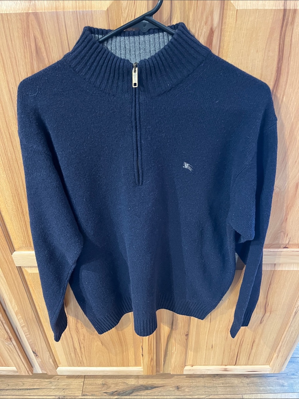 BURBERRY LONDON Lambswool Quarter-Zip Navy Sweater with Logo, size M - EUC